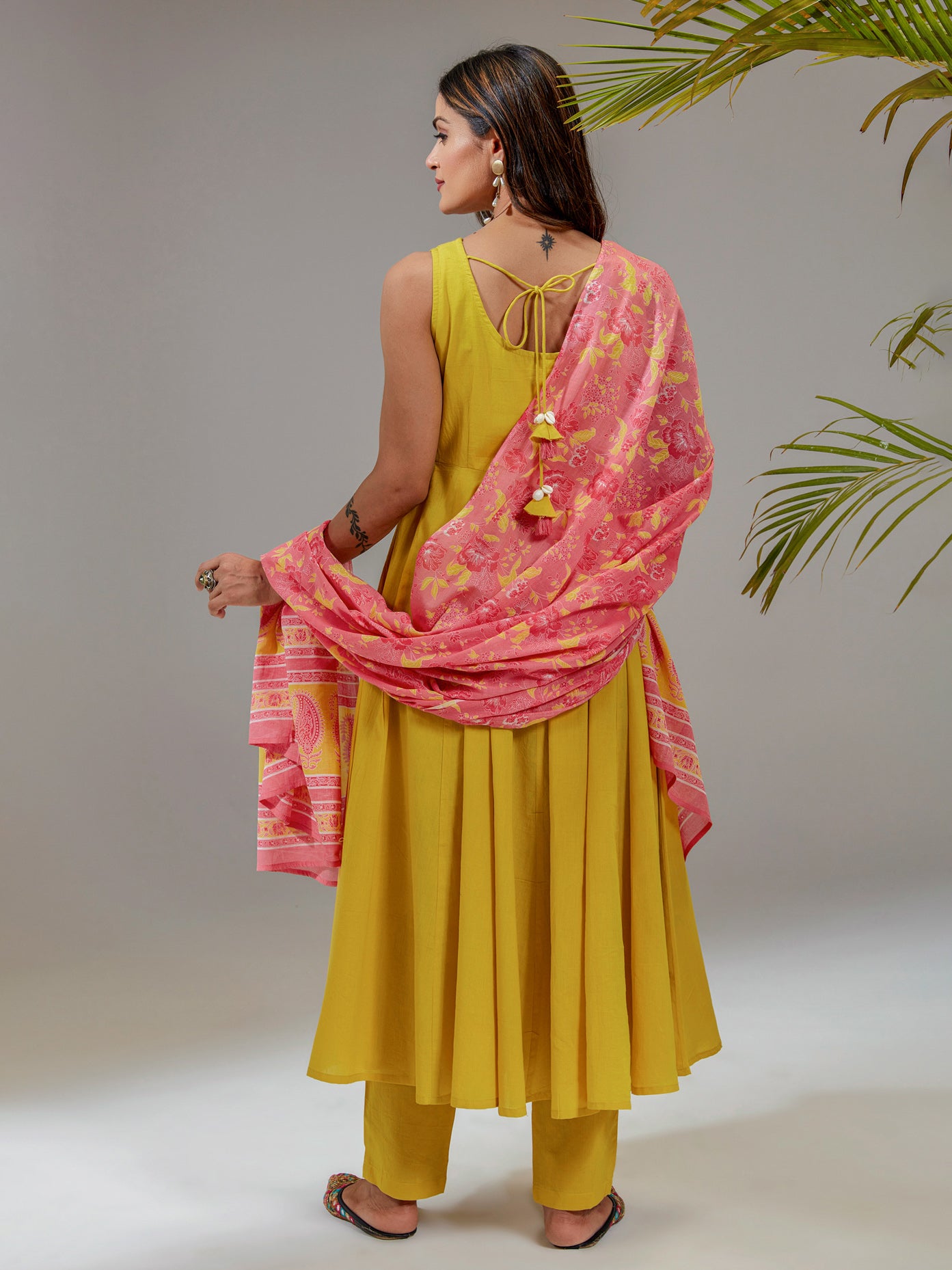 Pastel Yellow Cotton Flared Anarkali Set With Printed Dupatta